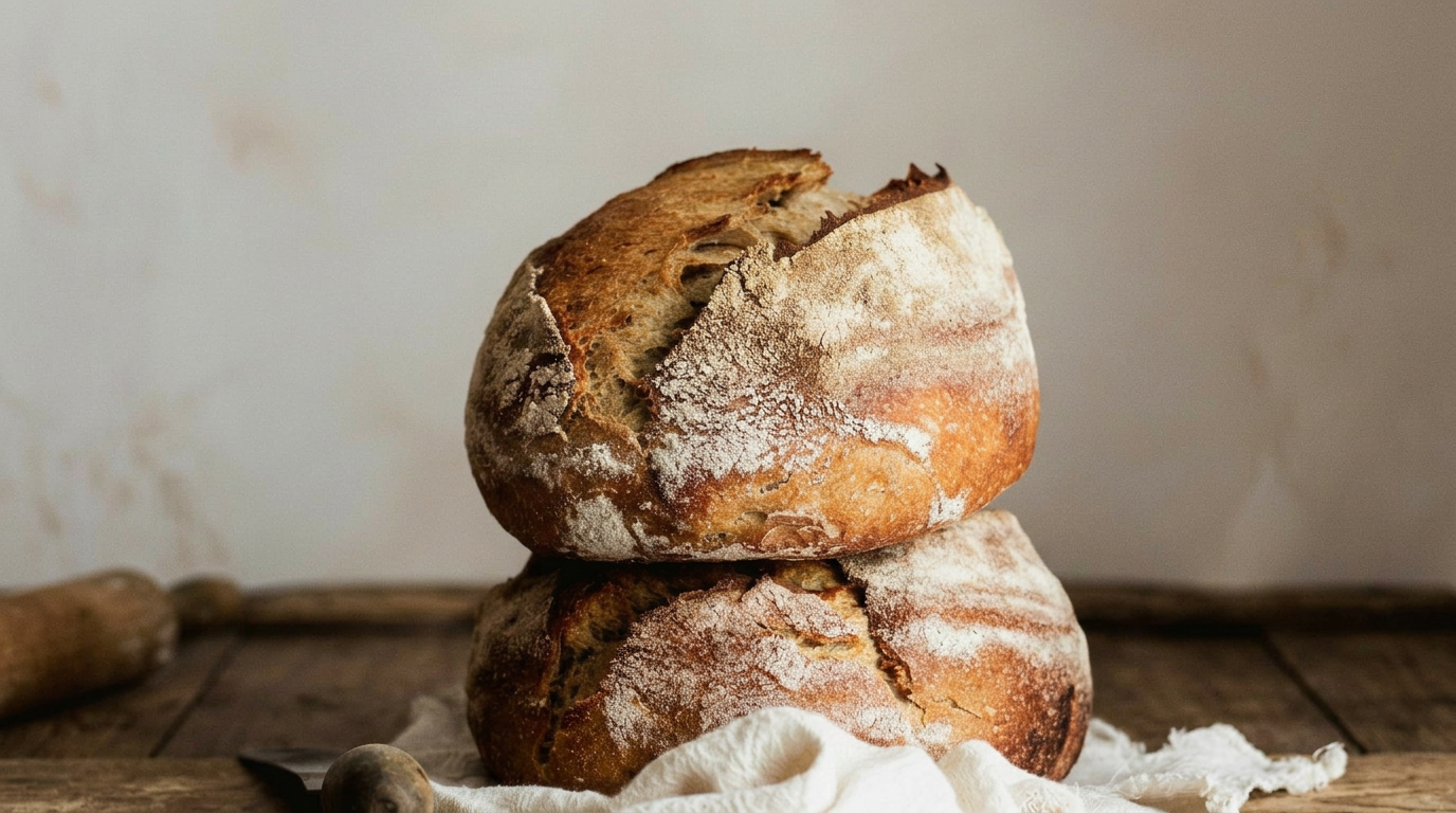 Artisan sourdough loaf with deep golden crust on linen