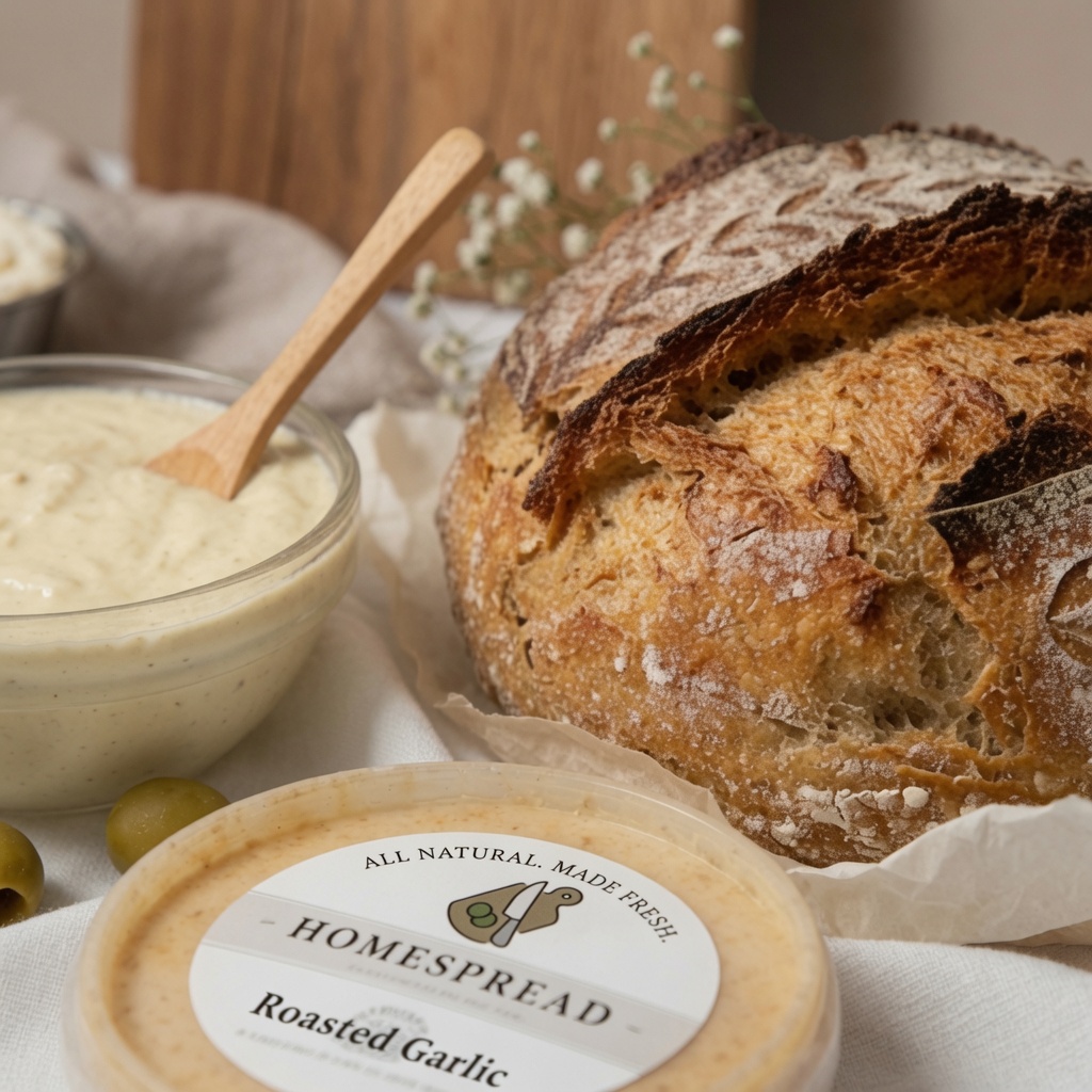 A crackled Homespread sourdough loaf beside a fresh Roasted Garlic dip